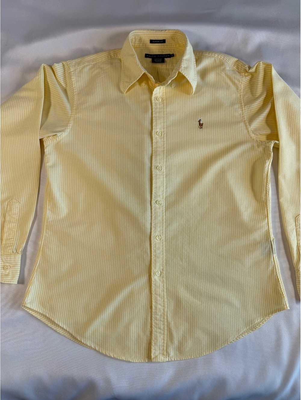 Ralph Lauren Classic Fit Yellow Striped Cotton Dress Shirt Size 12